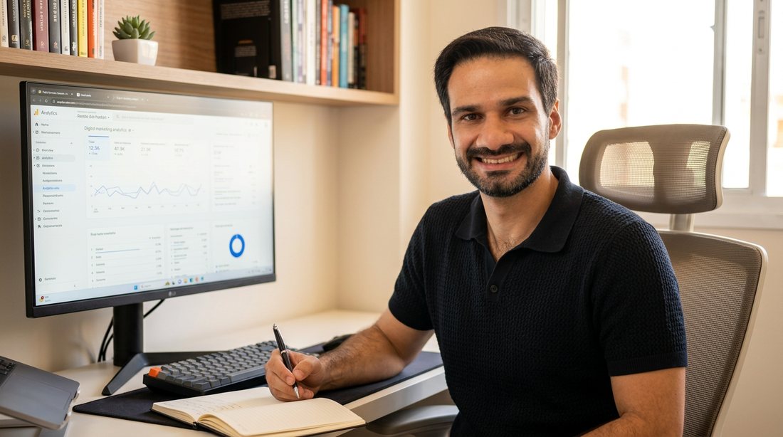 Erick Rodrigues trabalhando em seu escritório